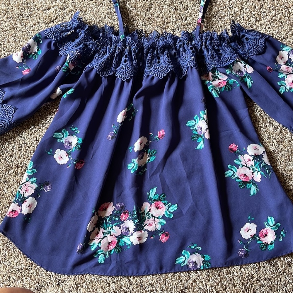 Navy floral with straps off the shoulder top